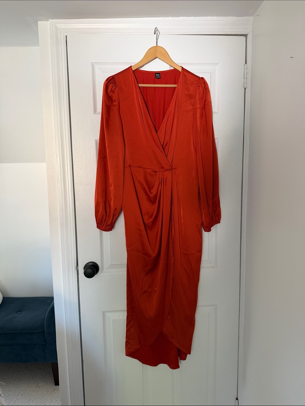 Elegant Orange Satin Wrap Midi Dress